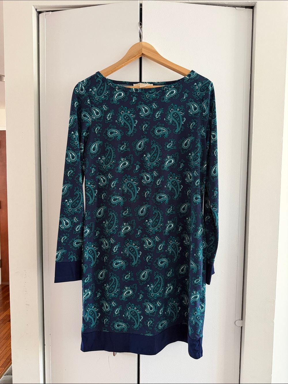 MICHAEL Michael Kors Navy and Teal Paisley Long Sleeve Shift Dress